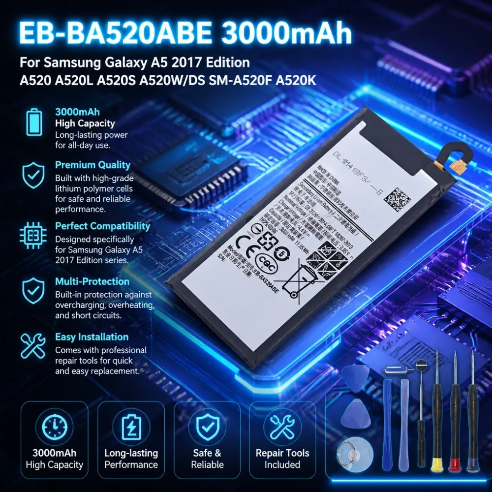 EB-BA520ABE 3000mAh Mobile Phone Battery For Samsung Galaxy A5 2017 Edition A520 A520L A520S A520W/DS SM-A520F A520K + Tools