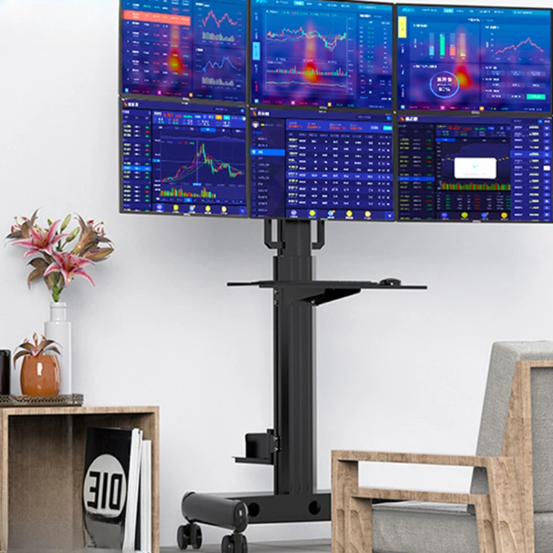 

Floor mounted six screen display bracket, mobile wheeled cart, standing office trolley, computer keyboard and mouse holder