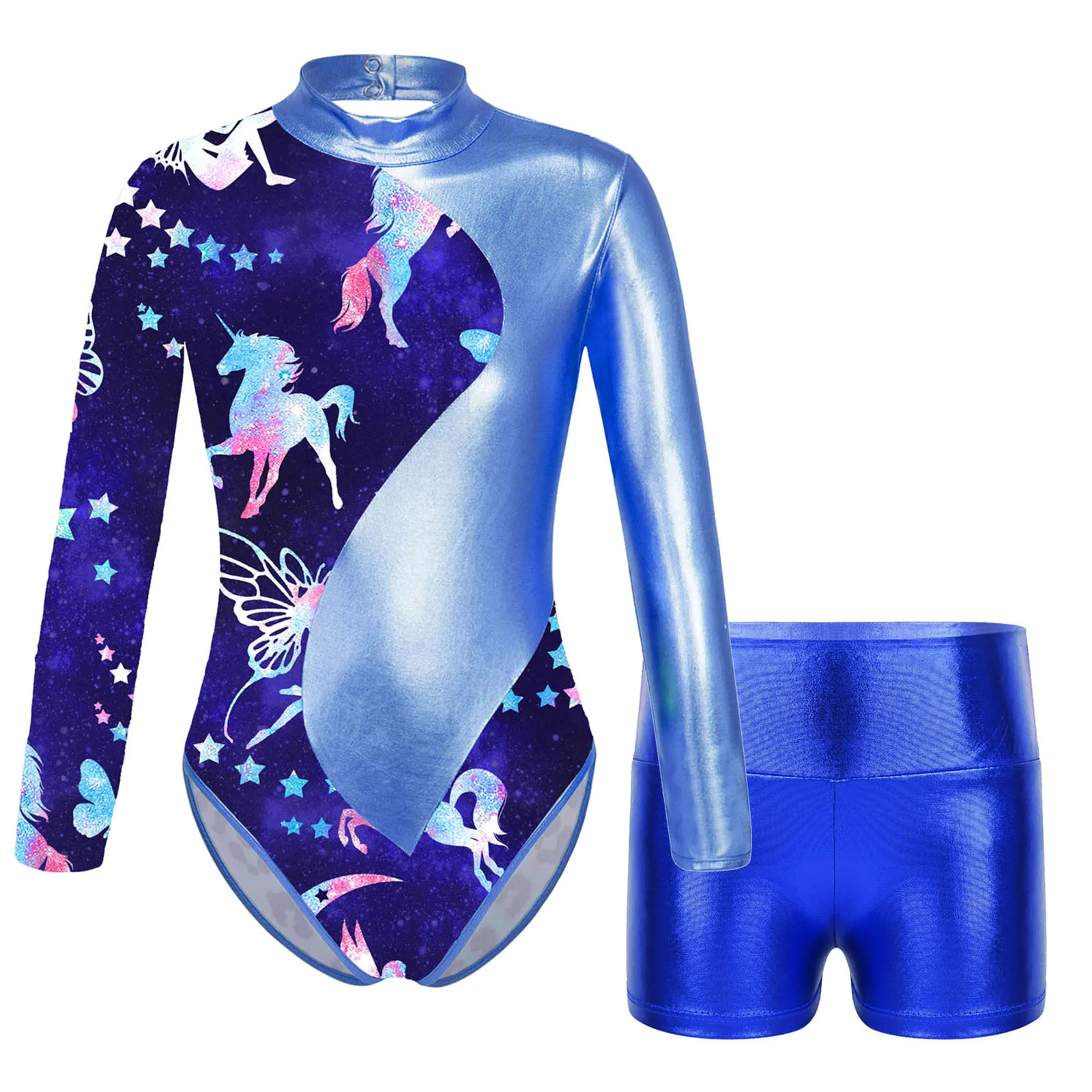 

Kids Girls 2Pcs Gymnastics Dance Outfits Set Long Sleeve Printed Patchwork Leotards with Shorts Athletic Biketards Unitards