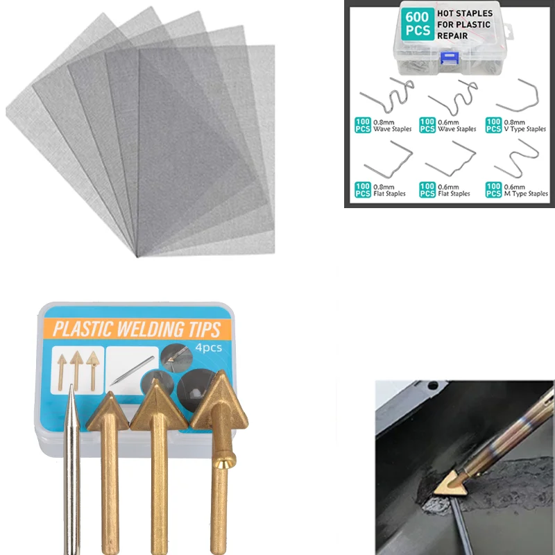 600Pcs Hot Fasteners Kit Hot Staples Welding Rods With 4 Tips & 10 Large Repair Mesh Sheets For Automotive Plastic Repairs