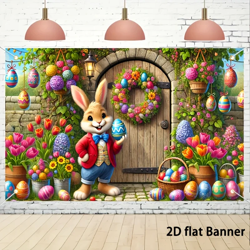 VIKAMA 2D Flat Easter Bunny Banner, Colorful Egg Pattern Backdrop, Party Decorations, Spring Seasonal Photo Prop