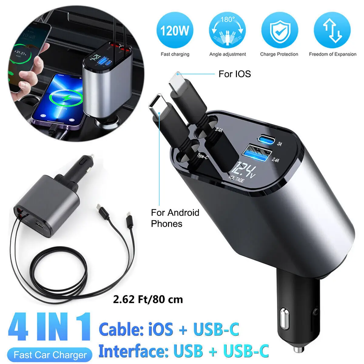 

2024 New 120W Car Charger Car Super Fast Charge Flash Charging, Telescopic Cable Four-in-one Point Smoker Car Charging