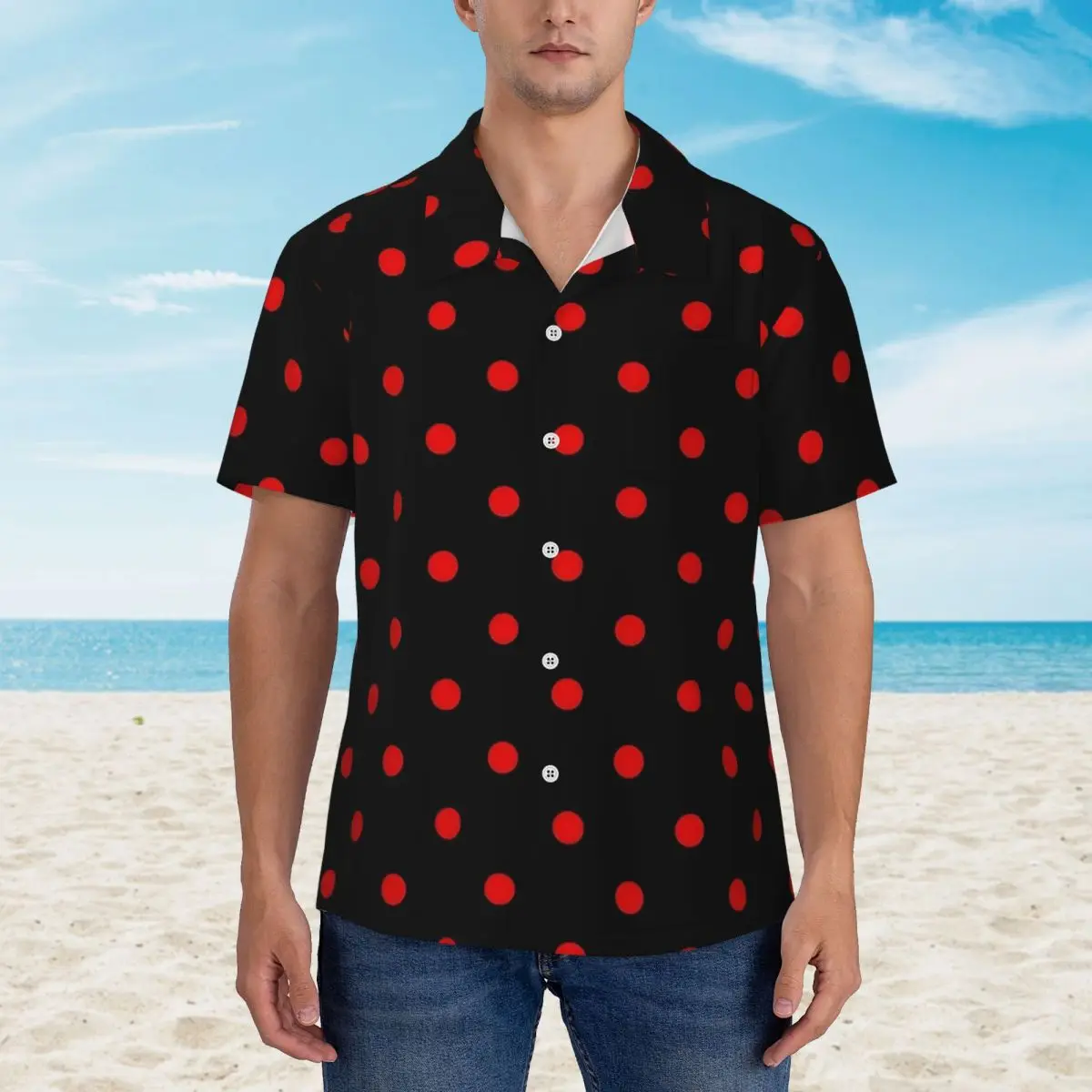 Red And Black Polka Dots Beach Shirt Men Casual Shirts Hawaiian Short-Sleeved Design Classic Oversize Blouses Gift Idea