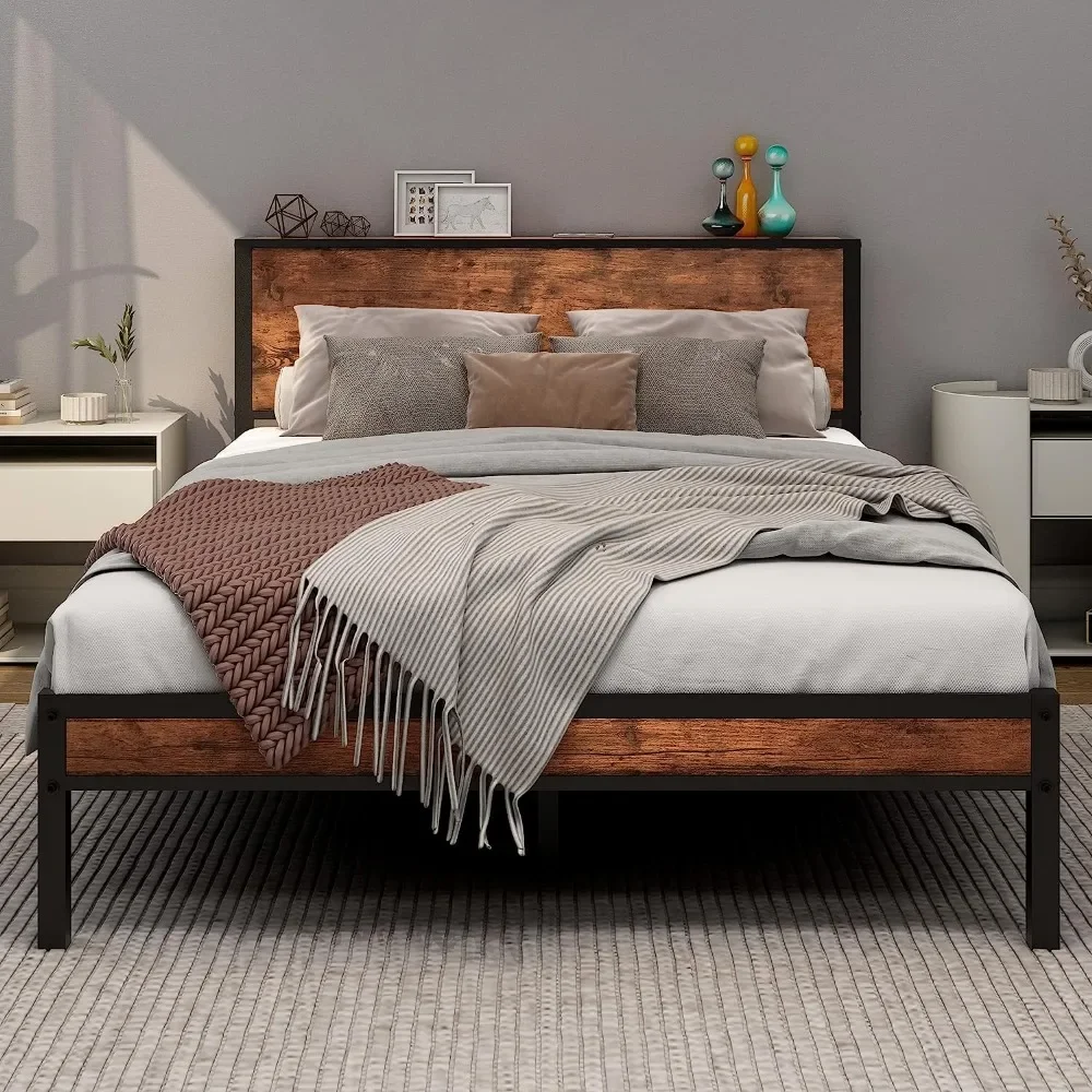 

Metal Platform Bed Frames Full Size Bed Frame With Wood Storage Headboard Reinforced Strong Support Leg Noise Free Bases & Home