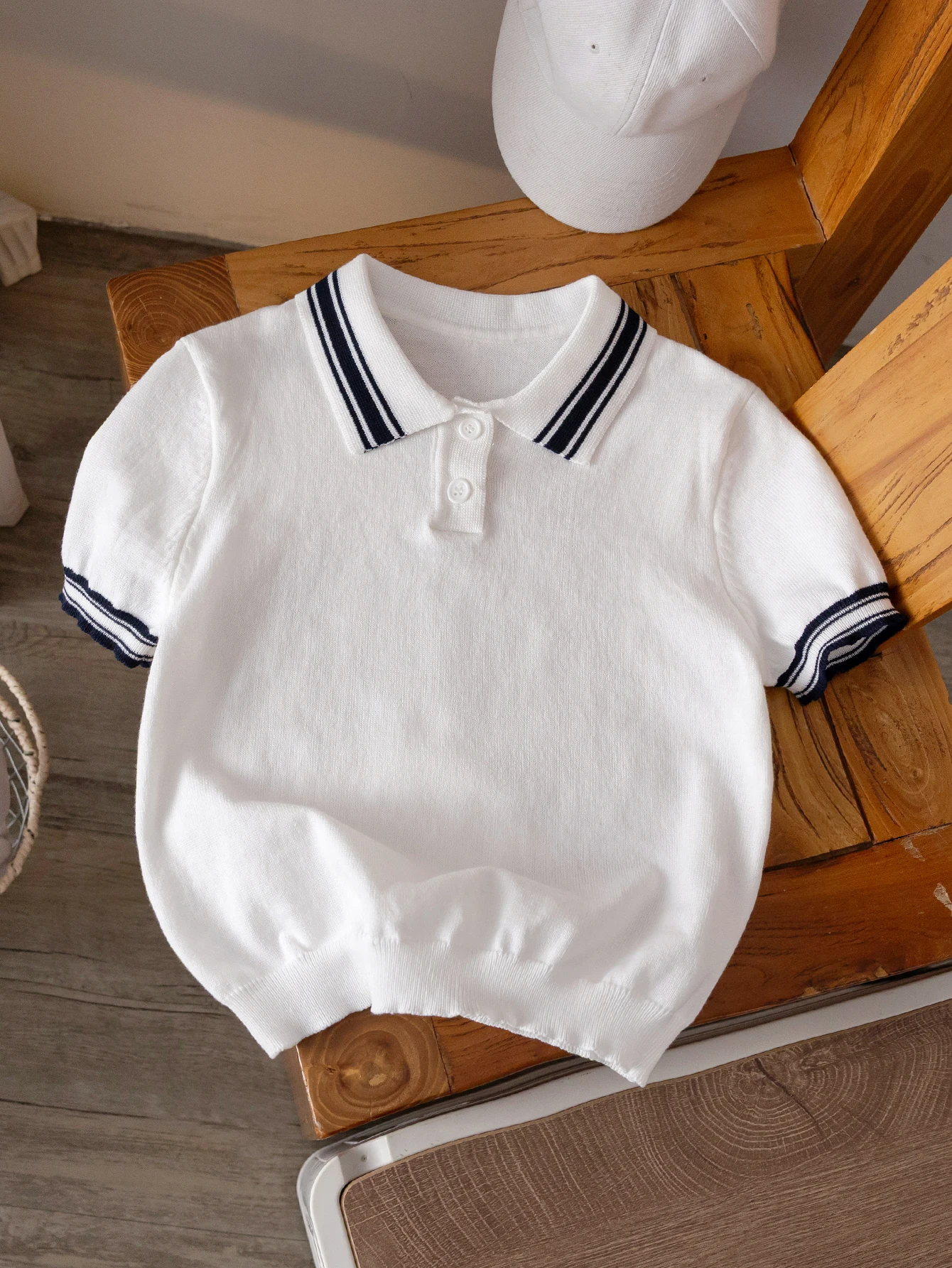 Boys' College Style Solid Color Lapel Polo Shirt Short-Sleeved Thin Knit Sweater Pullover Sweater with Open Button