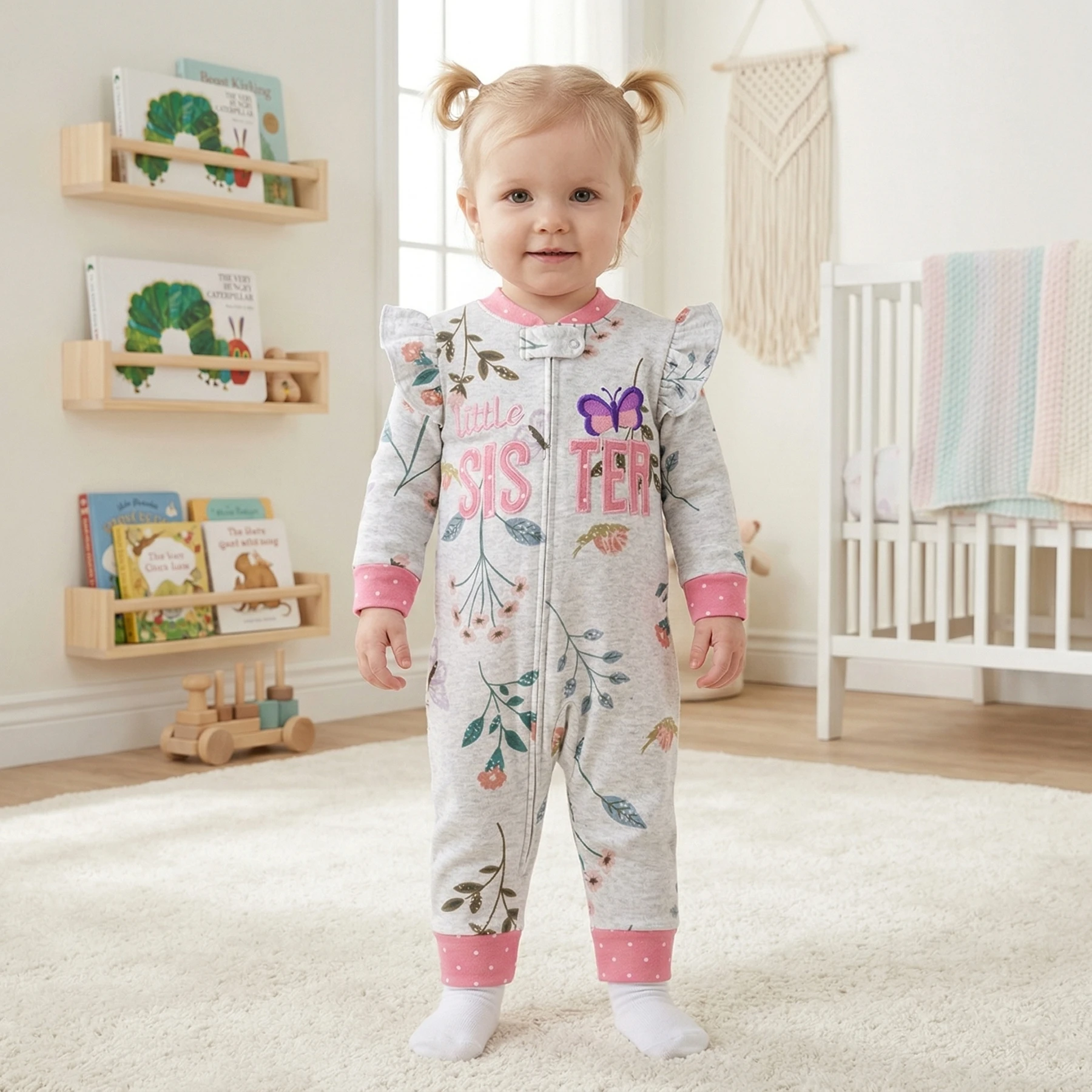 Doppelseitiger Baumwoll-Reißverschluss-Strampler für Kleinkinder, Mädchen, mit Herz- und Buchstabenstickerei, Allover-Print, Rüschenärmel, Ganzjahres-Baby-Jumpsuit, 6-24 Monate – Detail 3