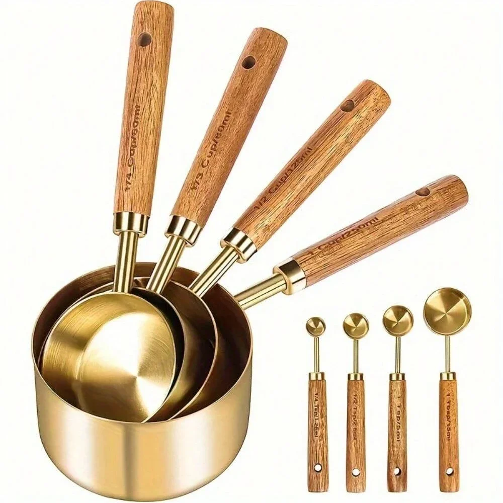 4 stücke goldene Messbecher und Löffel Set Edelstahl Messbecher Löffel Set mit Holzgriff Backen Küchen helfer