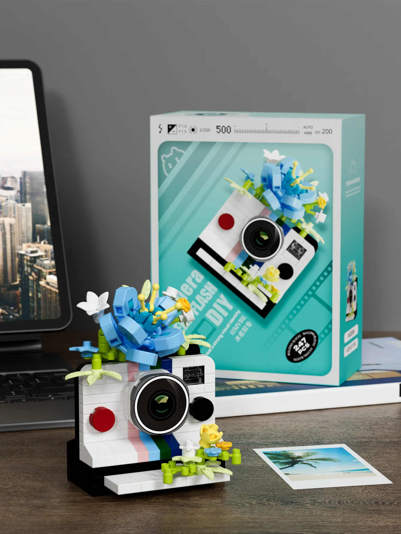 كاميرا عتيقة وزهور لبنات البناء ألعاب ذاتية الصنع مجموعة الطوب الجسيمات الصغيرة ألعاب ألغاز لهدايا الأصدقاء هدايا عيد الميلاد