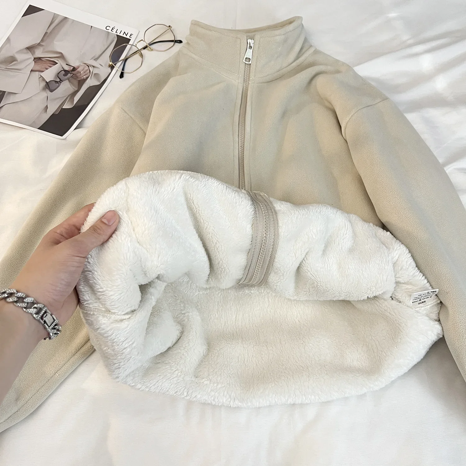 المرأة على الوجهين سترة مبطنة بالصوف القطبية كنزة صوف هوديي شتاء دافئ ملابس خارجية لينة مريحة ملابس الشارع الشهير غير رسمية #2