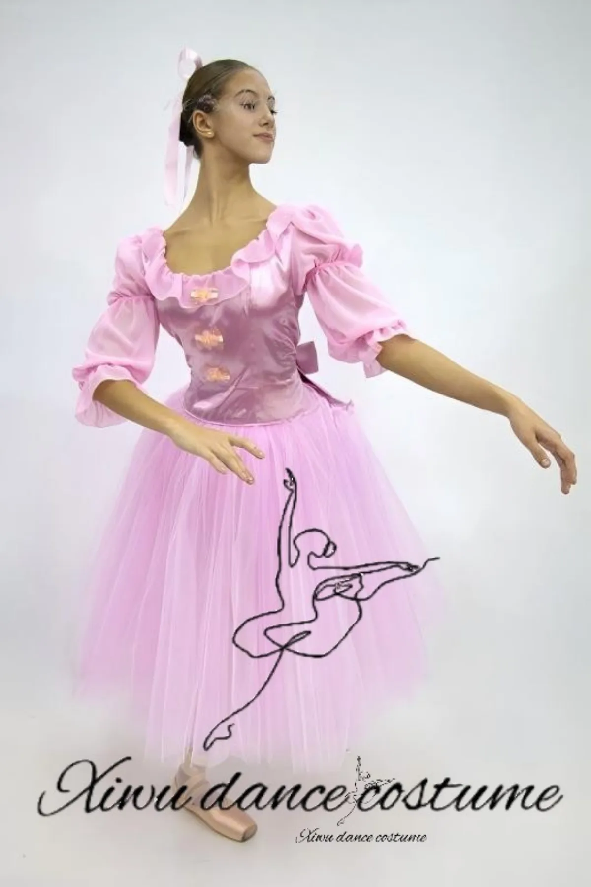 Pink Classical Romantic Ballet Tutu Dress - Long Tulle Ball Gown with Puff Sleeves for Adult & Kids, Nutcracker Performance Cost