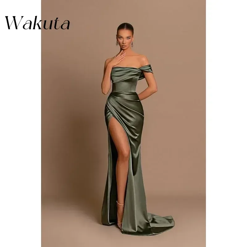 Wakuta-vestido De dama De honor De sirena con un hombro, maxivestido De satén con abertura, Formal, para baile De graduación y noche, para mujer