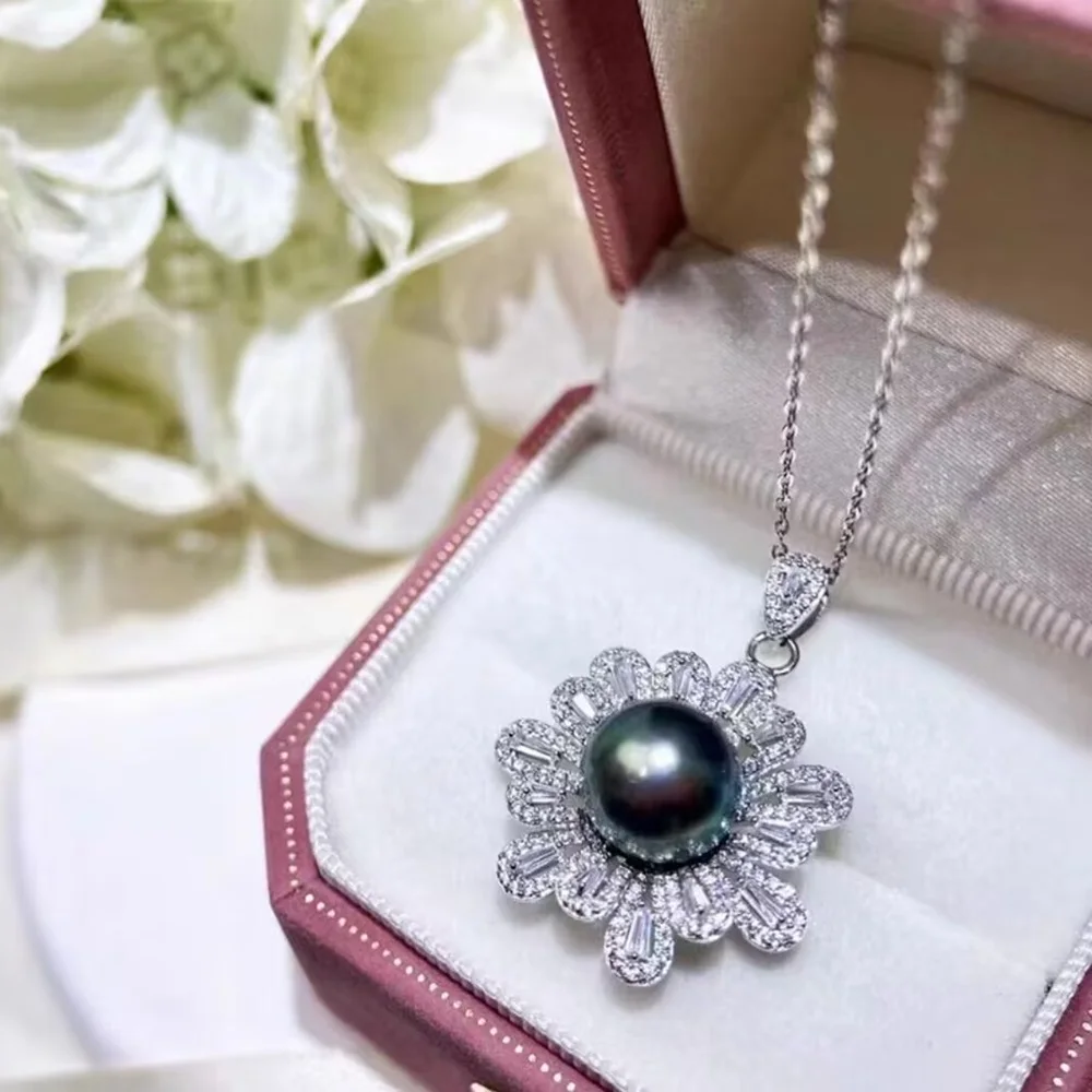 Gorgeous and Beautiful AAAA 9-10mm South Sea Black Round Pearl Necklace Pendant 925s 18inch