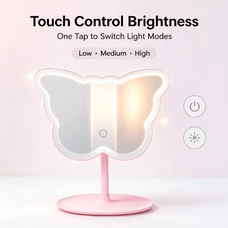 Butterfly Shape LED Makeup Mirror Touch Control Dimmable Light Desktop Vanity Mirror Rechargeable CuteCosmetic Mirror Girls Gift