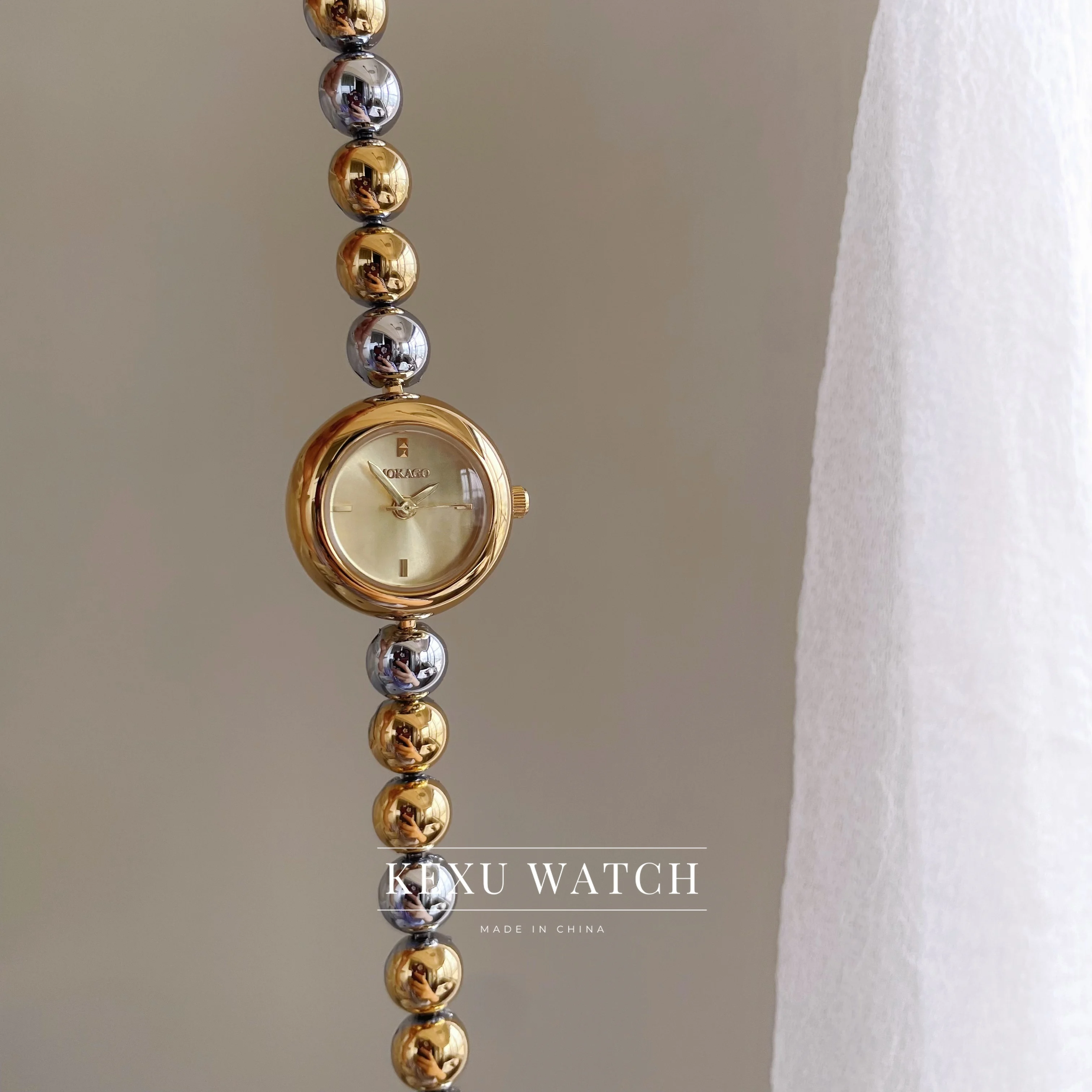 Mokago Watch Elegant Round Face Gold/Silver Dial Watch for Women, Dainty Two-Tone Bead Accent Bracelet Ladies Watch