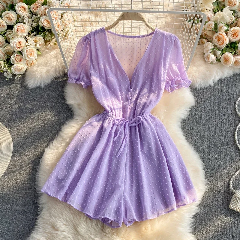 

2024 Summer Women Playsuit Polka Dot See Through Thin Beach Rompers Sexy V-Neck Short Sleeve Drawstring Sash Slim Waist Overalls