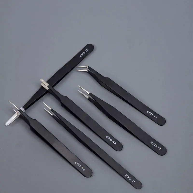 ESD Stainless Steel Tweezers 6Pcs Set Precision Maintenance Industrial Repair Curved Tool Home Working Model Making Hand Tool