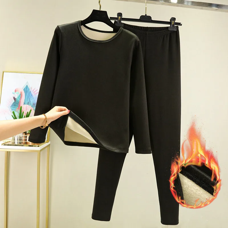 Thiened Fce Women's Warmth Set Long Sve round Ne Base Layer Two-Piece Set Inner Wear Home Clothes Thermal Underwear image 4