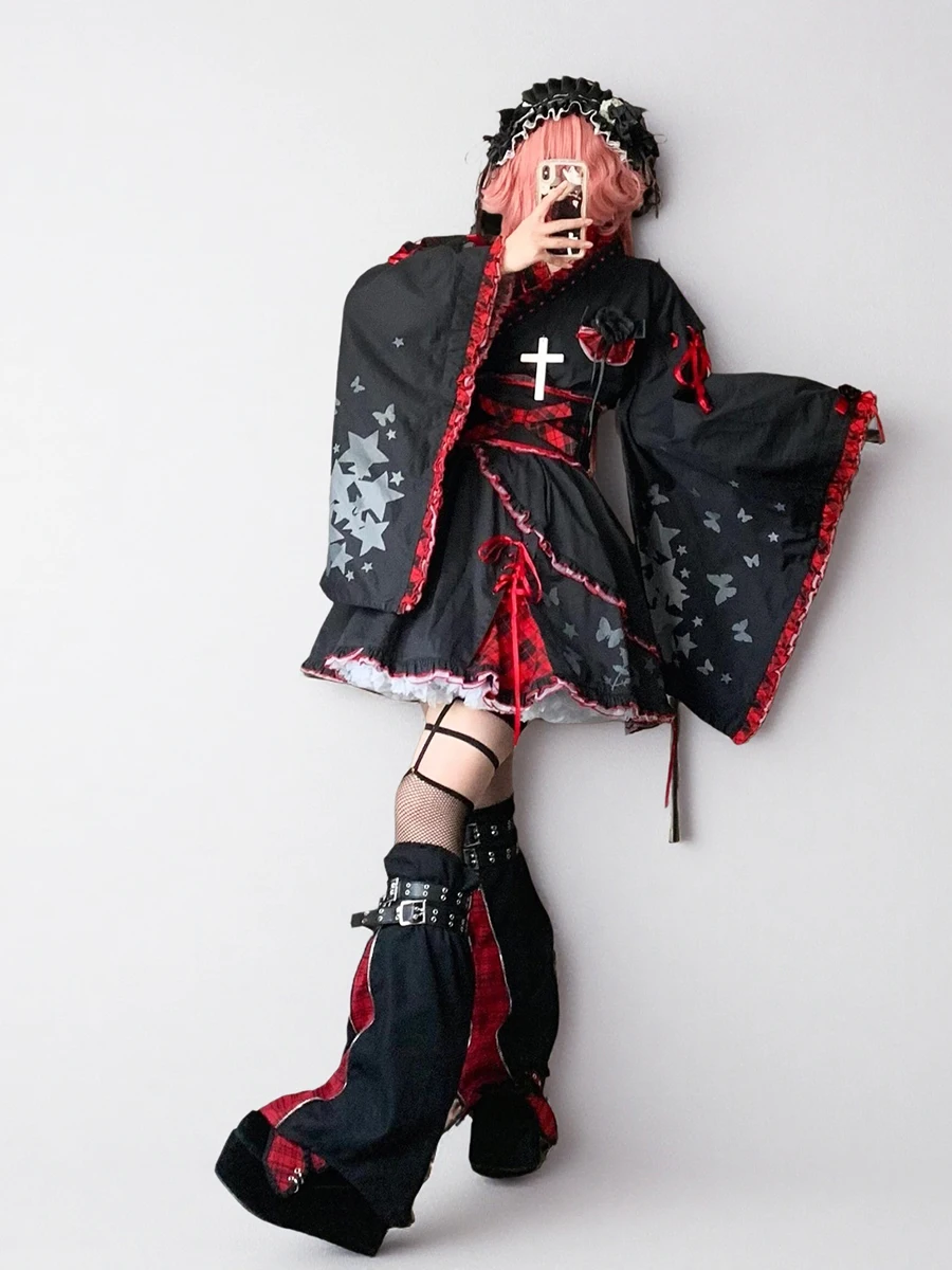 REDDACHiC Double-Belt Women Leg Warmers Alt Goth Checkered Patchwork Denim Black Zipper Boots Cover Vintage Harajuku Streetwear