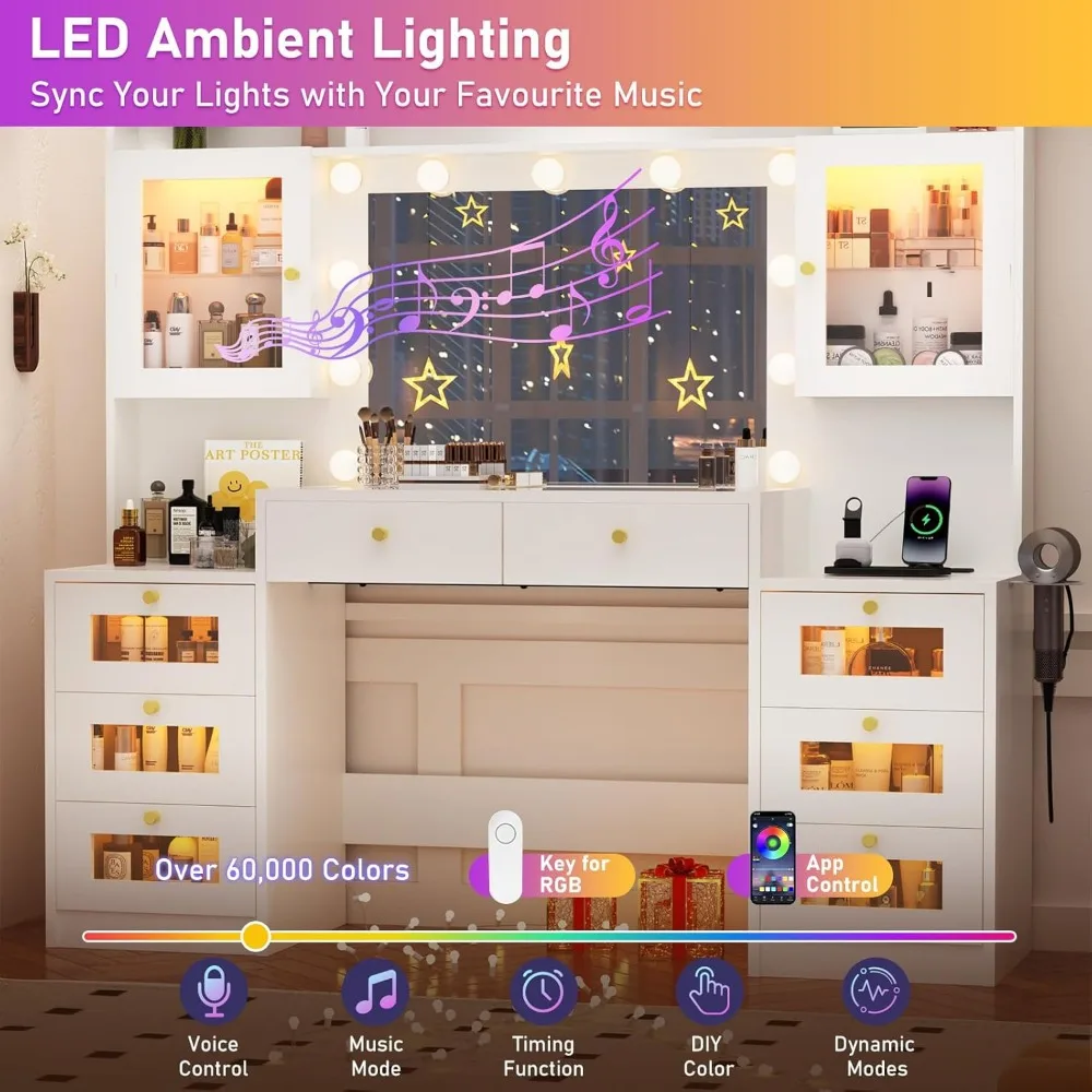 مكتب مكياج كبير مقاس 62 بوصة مزود بمرآة مضيئة وسطح زجاجي ومخرج طاقة وتخزين 8 أدراج