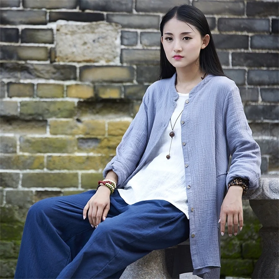 Women's Chinese Style Casual Coat plus Size Spring Vintage Stand Collar Frog Button Loose Fit Cotton Linen Jacket