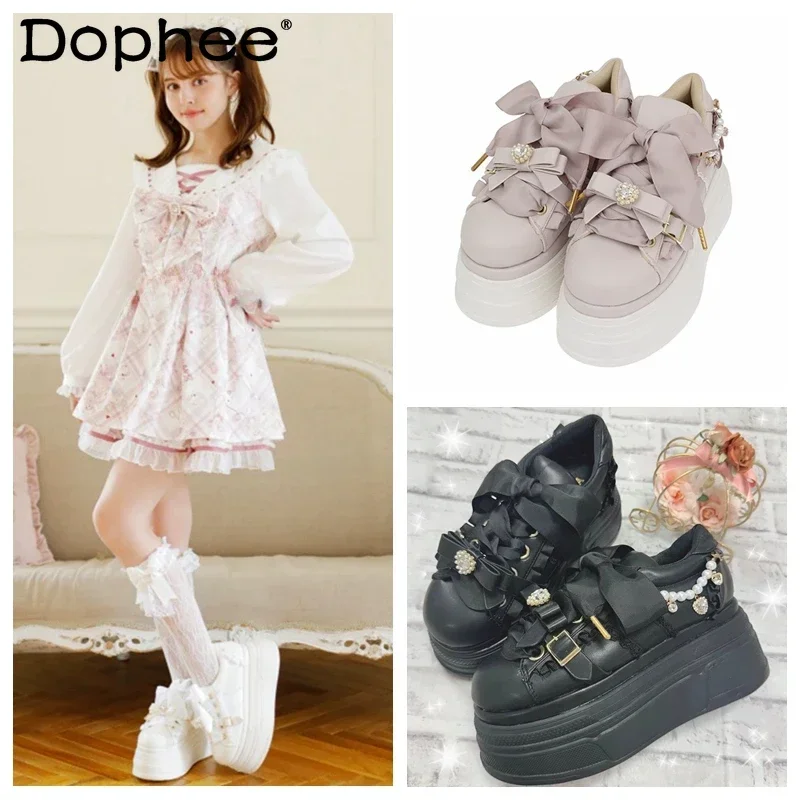 

Mine Japanese Sweet Bow Rhinestone Chain Platform Muffin Bottom Lolita Female Shoes Girl Women's LIZ Sneakers JK Pump Shoes