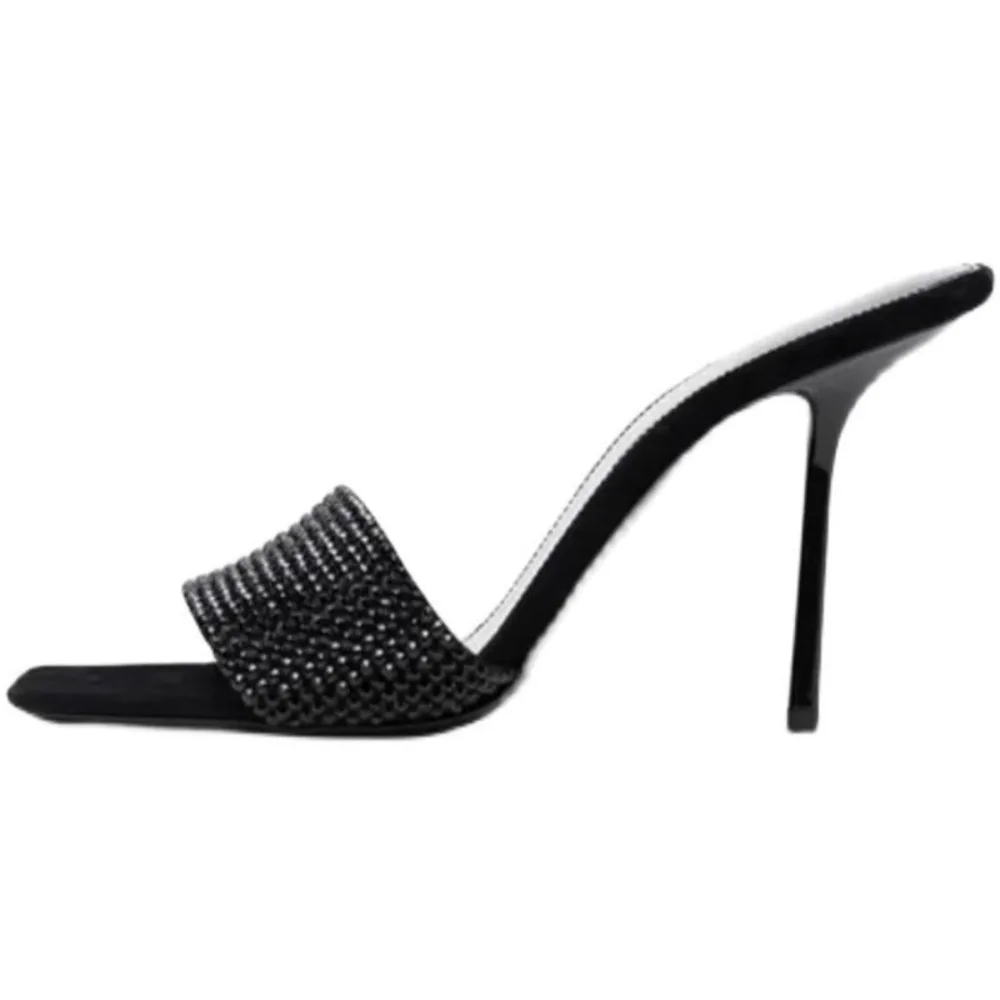 2024 Summer New Square Head Black Rhinestones with Sandals Thin Heels High Heels Sandals Women Platform Shoes