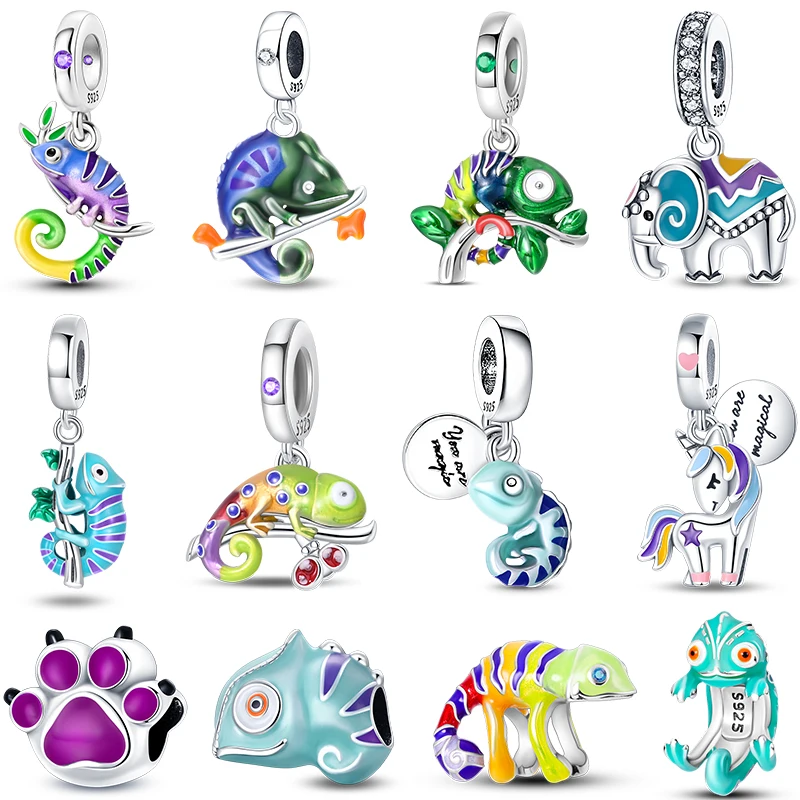 100% S925 Silver Temperature Change Color Chameleon Elephant Trendy Charms Fit Pan Original Bracelets DIY Fine Jewelry Gifts