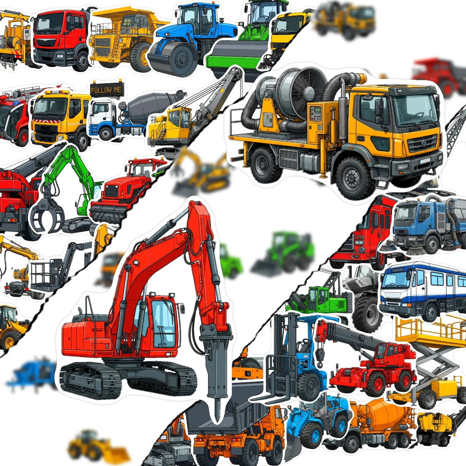 50 Sheets Construction Vehicle Stickers for Boys, Excavator Crane Bulldozer Forklift Road Roller Mixer Truck