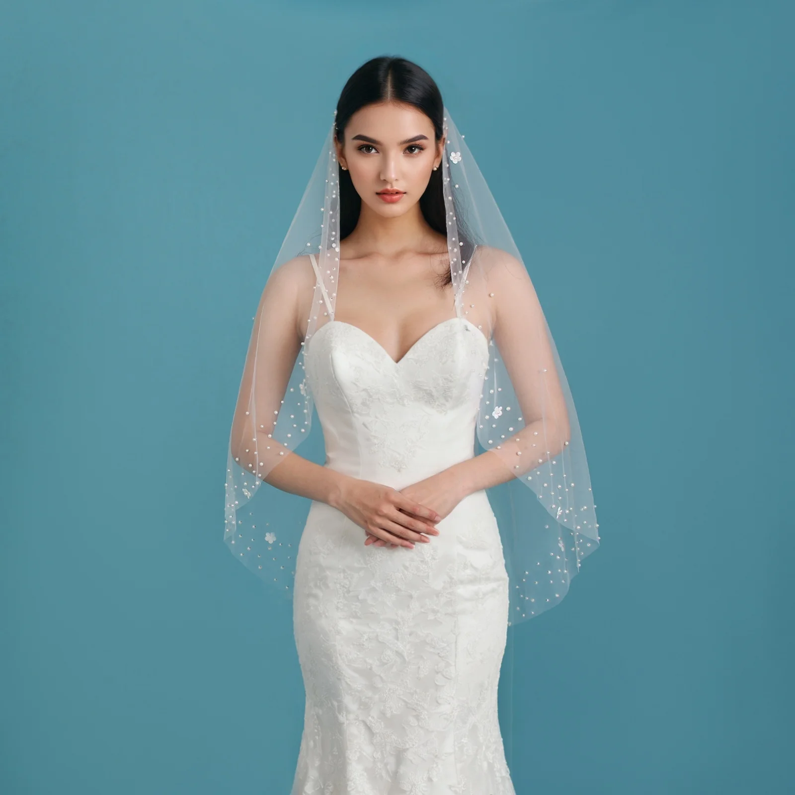 

Элегантная короткая фата с жемчугом, одноуровневый свадебный головной убор из мягкого тюля с нежной цветочной фатой из бисера G96