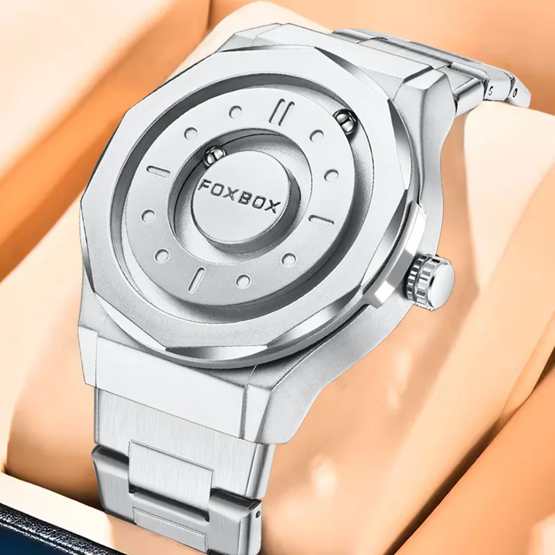 FOXBOX Nuovi Orologi da uomo Orologio al quarzo in acciaio inossidabile Puntatore a scorrimento creativo Orologio da polso con forza magnetica Relogio Masculino