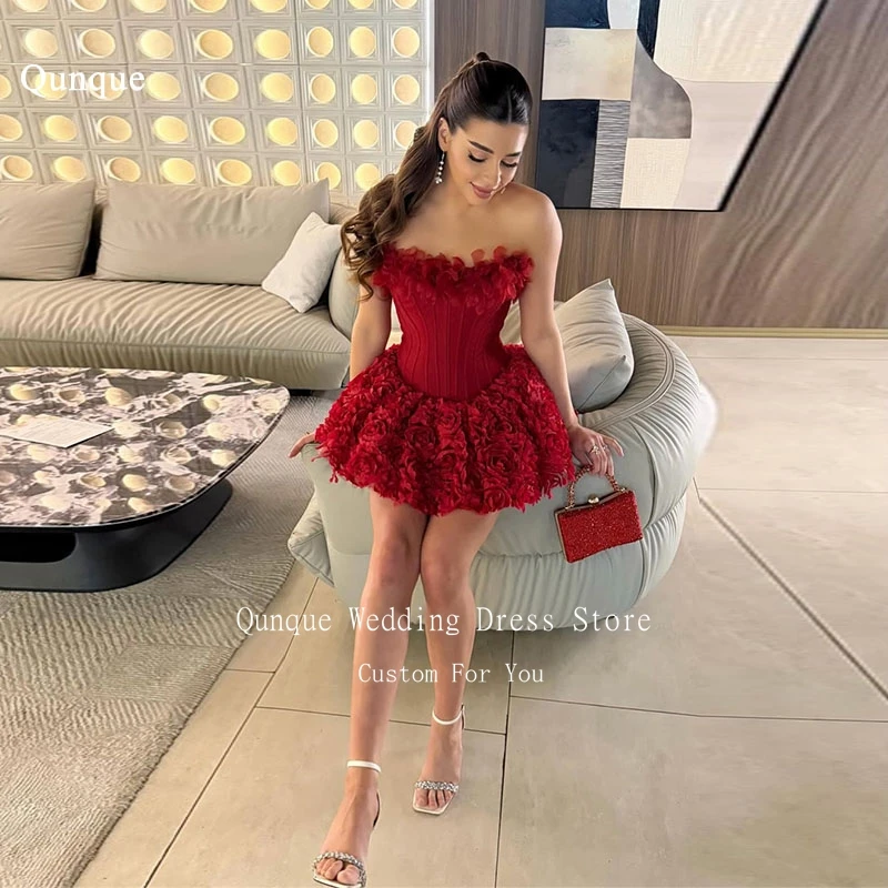 

Qunque Sexy Short Red Prom Dress For Girls 3D Flowers Evening Dresses Birthday Party Dresses Mini Vestidos De Noche Customized