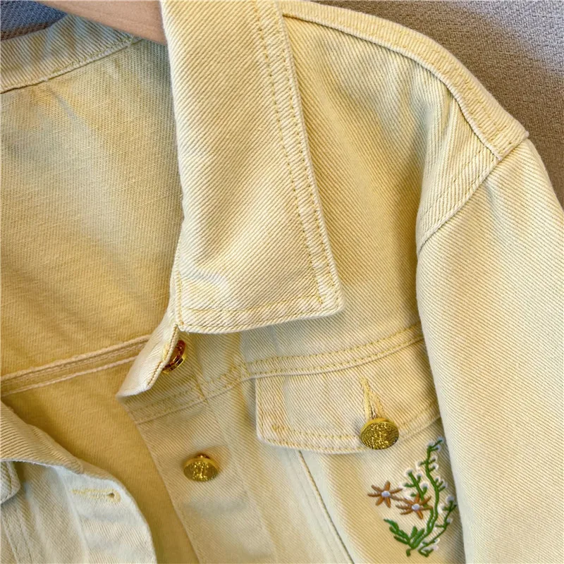 Korean Vintage Flower Embroidery Yellow Short Denim Jacket Women Lapel Single-Breasted Long Sleeve Jeans Jacket Coat Streetwear - view 4