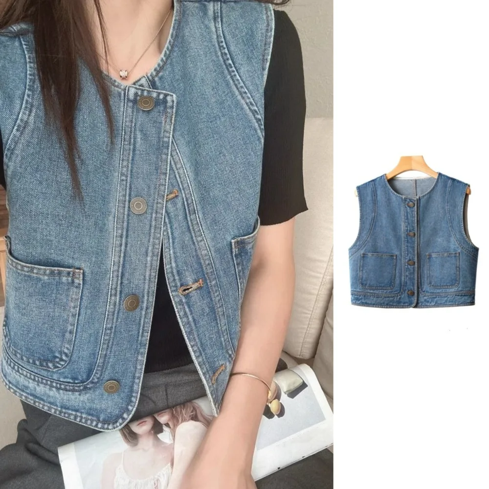 

Simple Y2K Vintage Denim Vests All Match Round Neck Cropped Sleeveless Jacket Streetwear Retro Waistcoat Women Girls