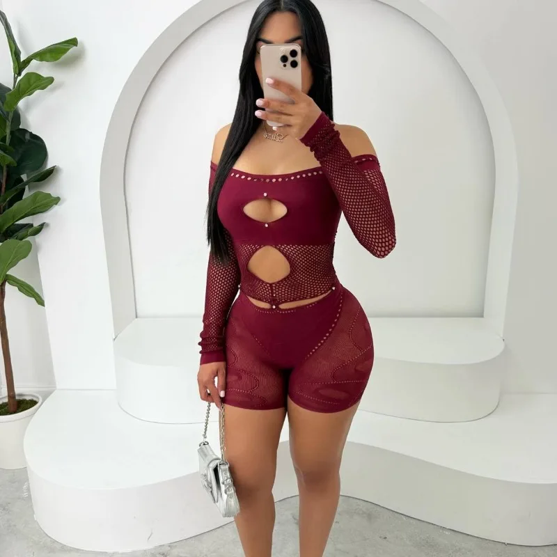 Oco para fora fishnet ver através magro playsuit feminino sexy slash neck fora do ombro manga longa alta estiramento noite clubwear macacão