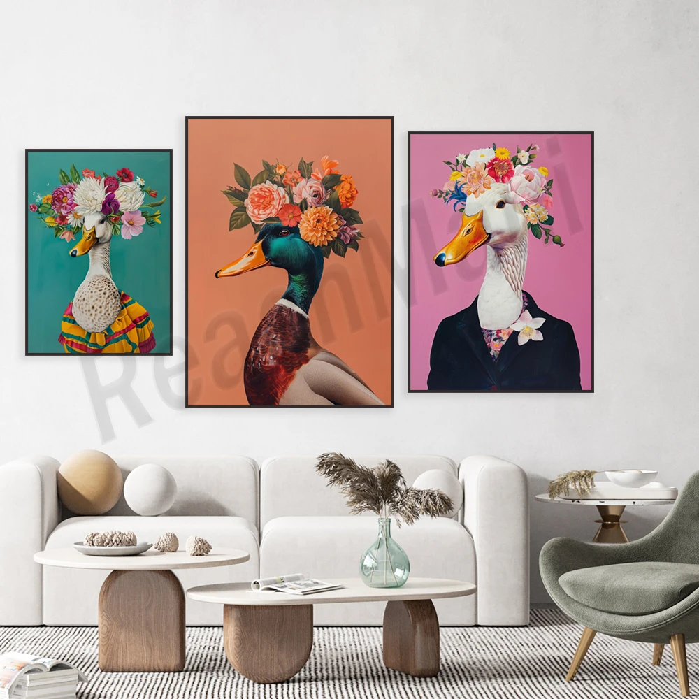 duck print, eclectic duck poster, colorful floral duck oil painting illustration, animal head man canvas print, duck lover gift