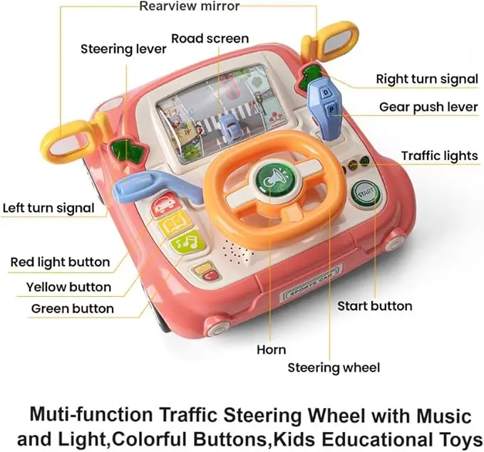 Volante para crianças, brinquedos de condução para crianças com simulação de música leve, assento de carro, brinquedo interativo para bebês
