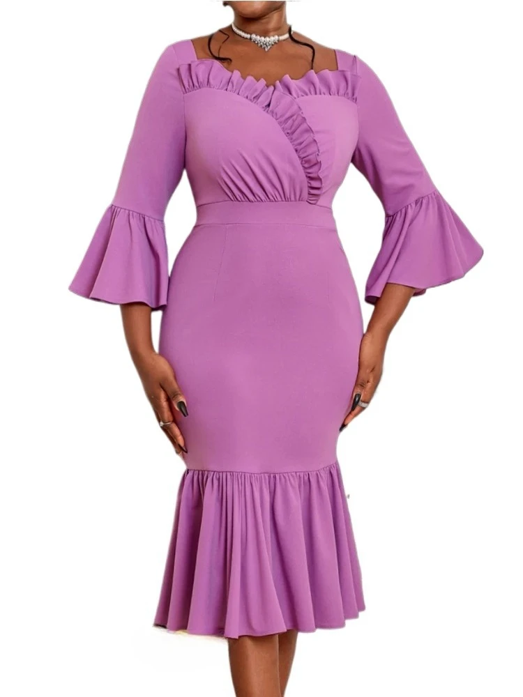 

Purple Mermaid Dresses for Women V Neck Edible Tree Fungus 3/4 Flare Sleeve High Waist Bodycon Package Hip Eveing Event Outfits