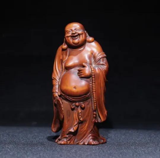 15cm Sammeln China Huanghuali Holz Handgravur Hold-Lüfter Maitreya Buddha Statue