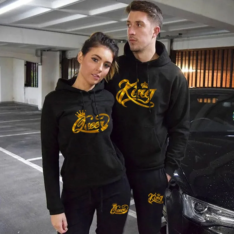 Fashion Couple Sportwear Set KING or QUEEN Printed Lover Hooded Suits Hoodie and Pants 2pcs Set Streetwear Men Women Cloths