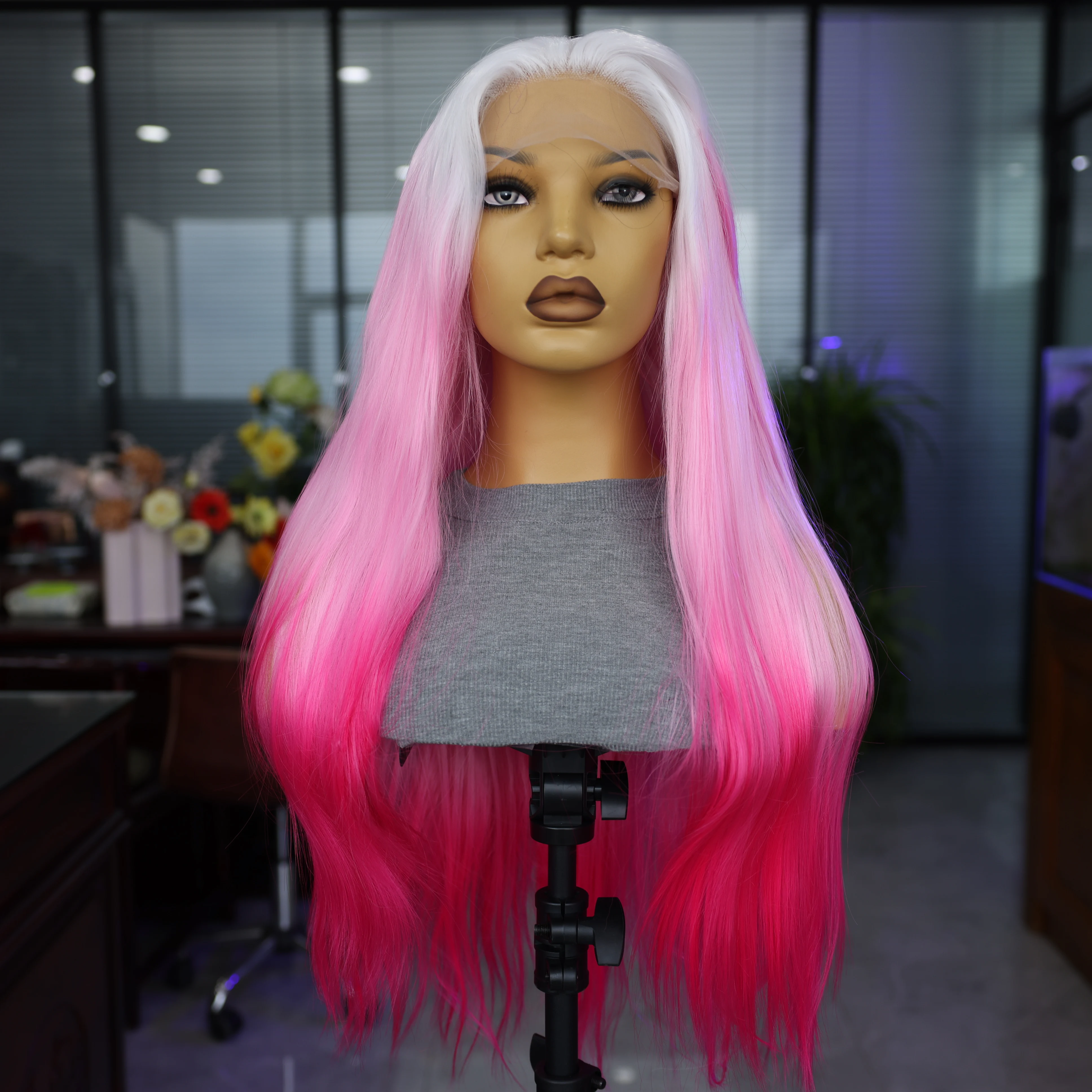 AIVA Pink Gradient Synthetic Wig High Quality Faux Lace Wig 180 Density Natural Hair Line For Women Cosplay Travel Dating