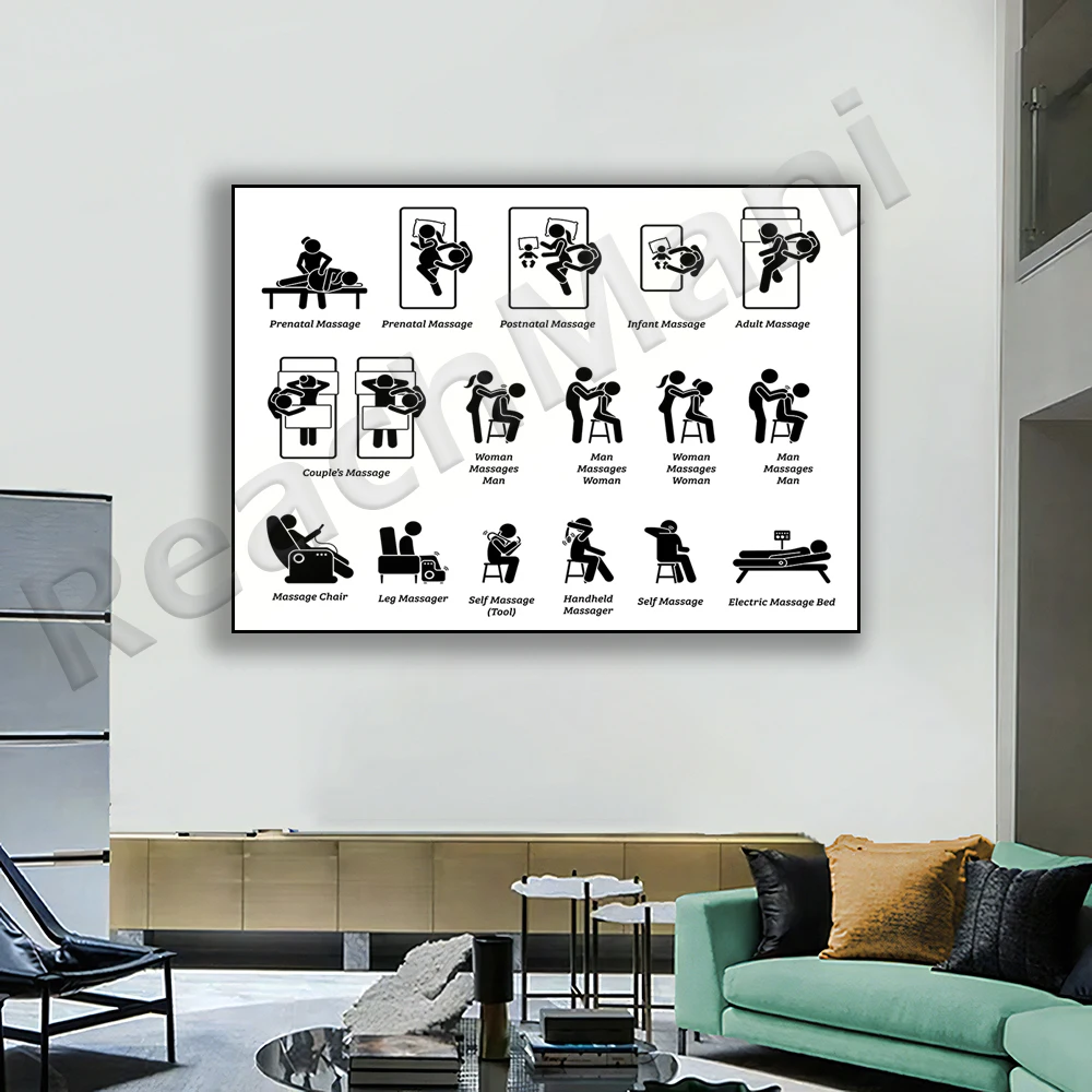 Massage therapist massage, therapy health spa relaxation confinement pregnancy equipment chair bed prenatal icons poster