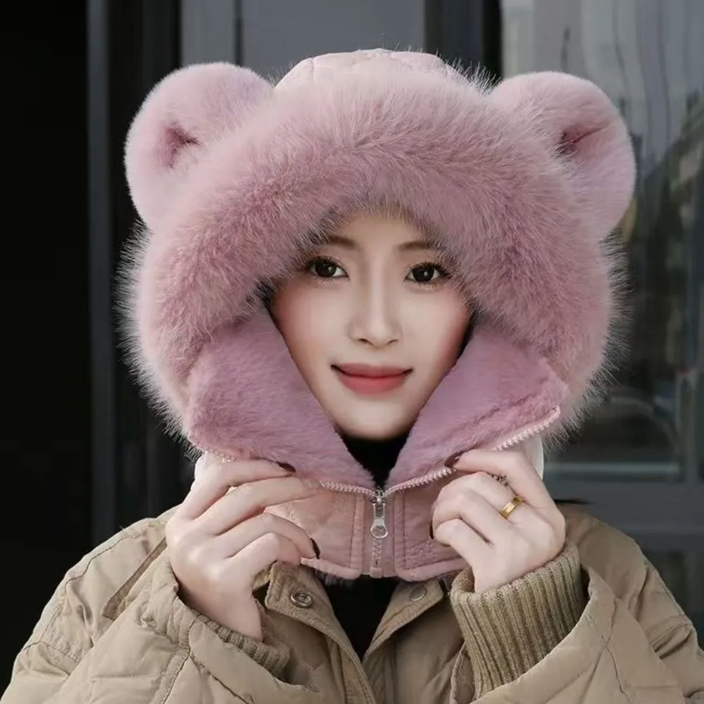 Soft Thick Winter Balaclava Hat Fleece Lined Ear Protection Full Face Neck Warmer Keep Warm Cute Ear Hooded Cap Winter