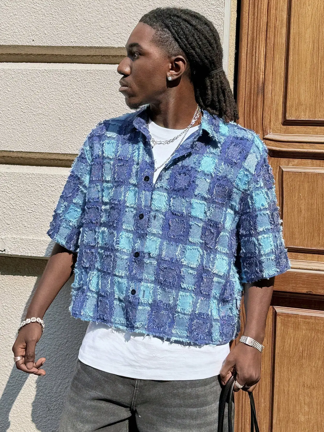 

Men's Blue Patchwork Woven Short Sleeve Crop Shirt, Streetwear Style, Summer Casual