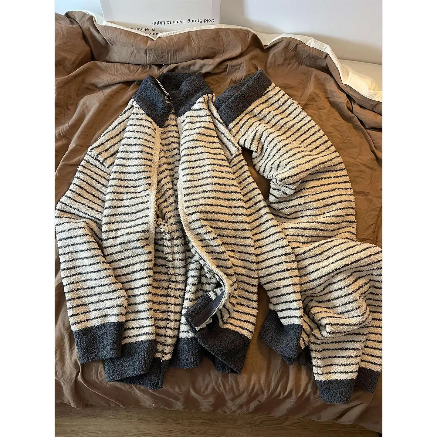 Chic Striped Zip Pajamas Set Women 2026 Winter Thick Warm Fleece Sleepwear Soft Plush Lounge Wear Cozy Home Clothes Outerwear