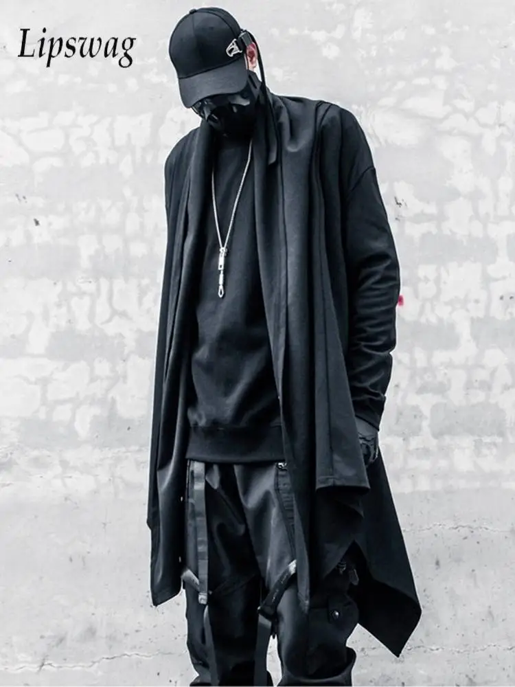Streetwear Vintage Capes Mens Fashionable Solid Color Hooded Long Sleeve Coats Men Fall Gothic Design Loose Breath Midi Jackets