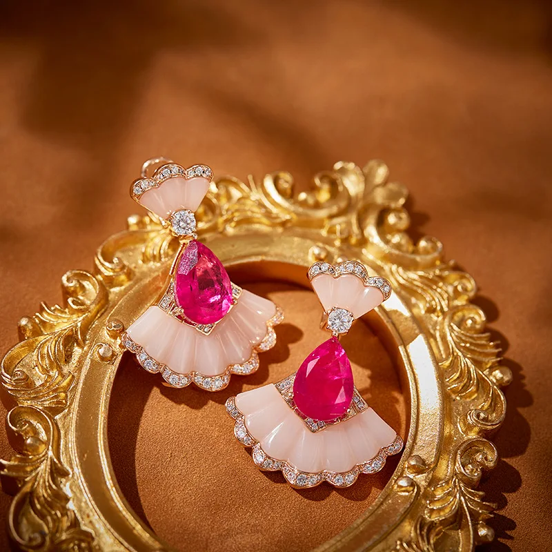 Designer Collection Style Women Lady Dinner Party Jewelry Sets Settings Cubic Zircon Pink Fan-Shaped Pendant Necklace Earrings