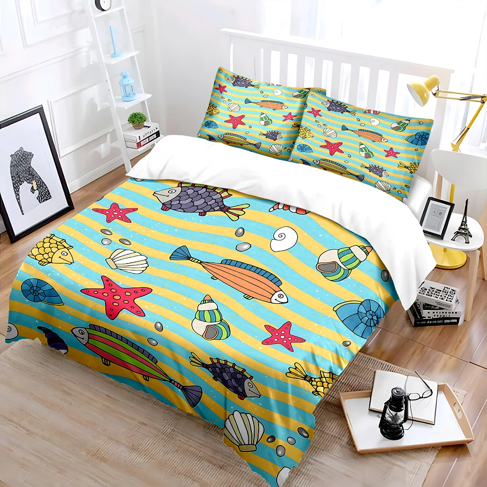 Marine creatures with wave backdrop Bedding Set for Kids Luxury Gift 3pc Digital Print Comforter Set Soft Comfortable Breathable