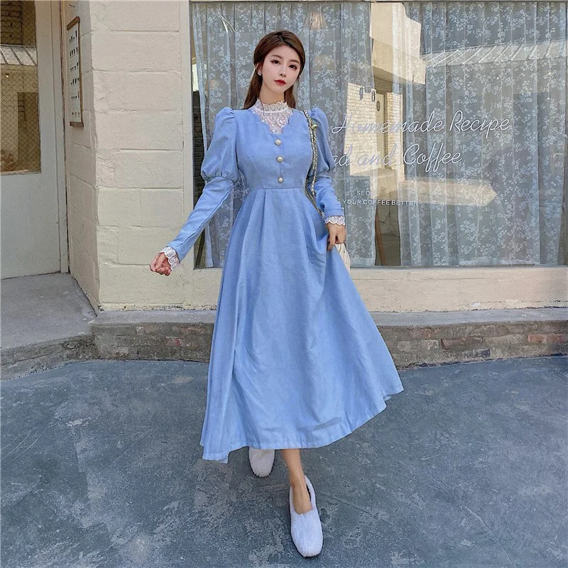 Elegant Vintage Puff Sleeve Dress Women Chic Patchwork Lace Long Party Dresses Female Casual French Sweet Kawaii Dresses Female image 5