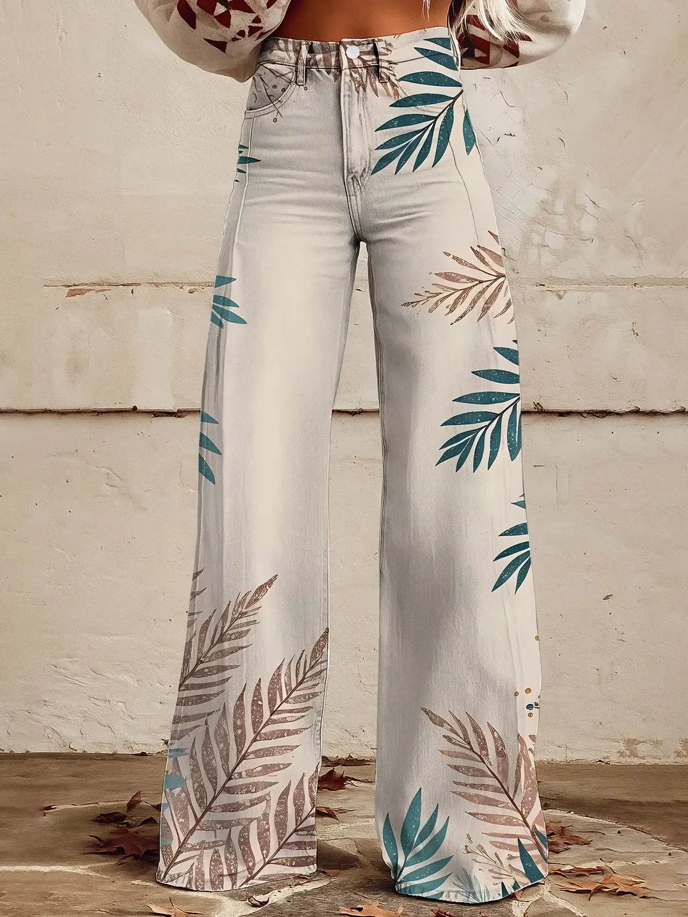  Casual jeans with colorful western prints, loose wide leg design, and fun printed women's pants.