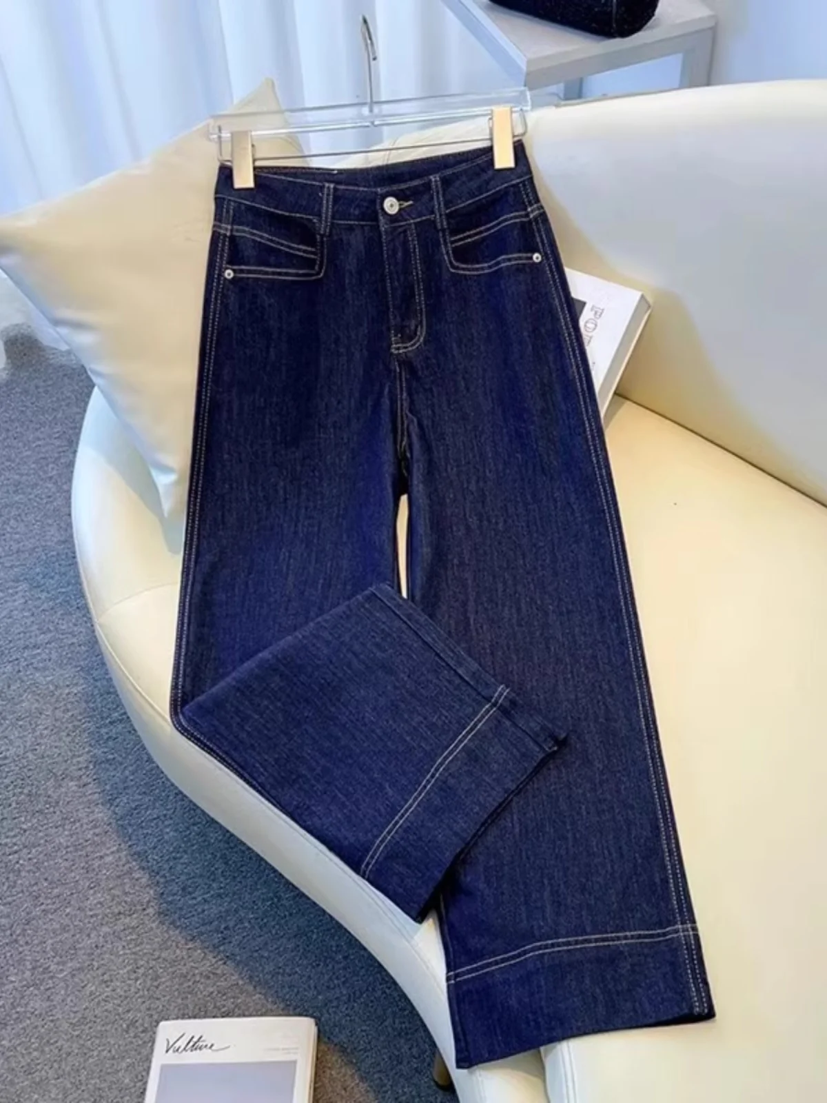 High Waist Wide Leg Denim Blue Jeans Women's Spring Autumn 2025 New Small Size Slim Version Nine Points Straight Tube Pants